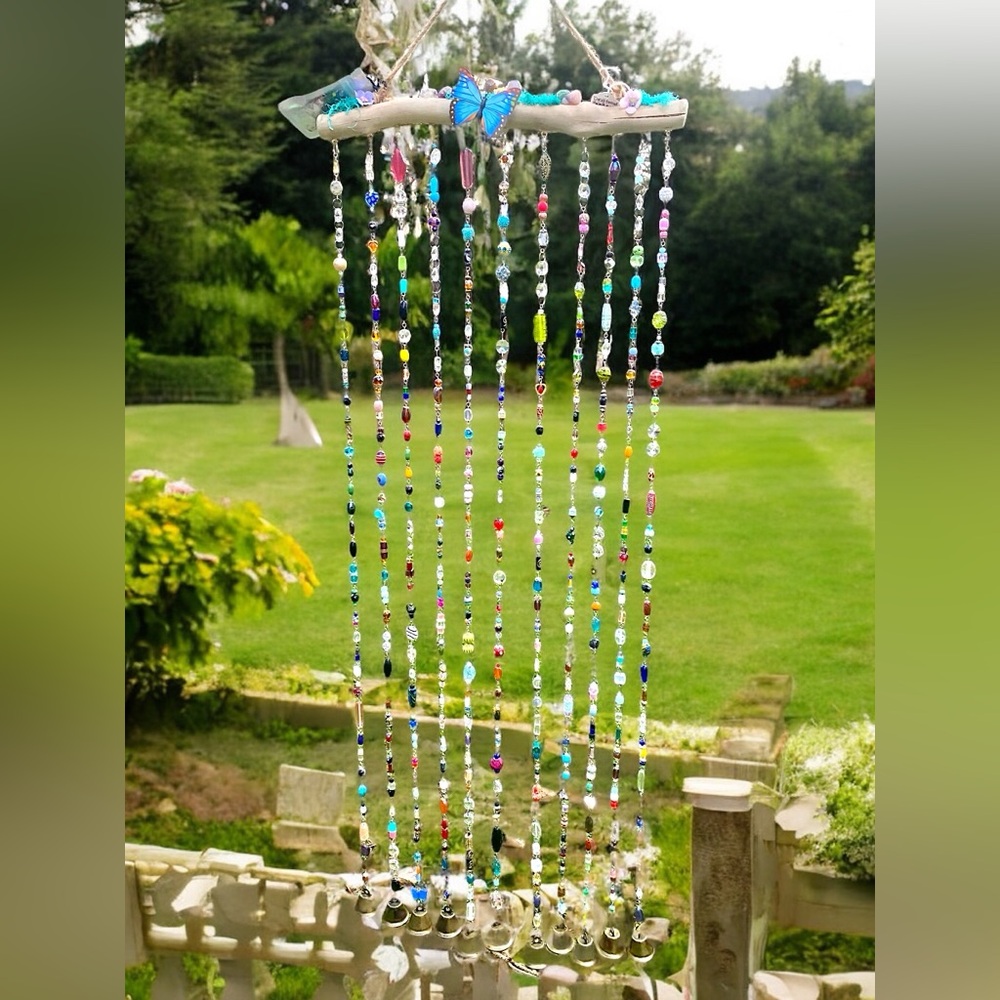 48” Glass Beaded Curtain w/Bronze Bells, Beaded Curtain, Suncatcher, Wind Chime
